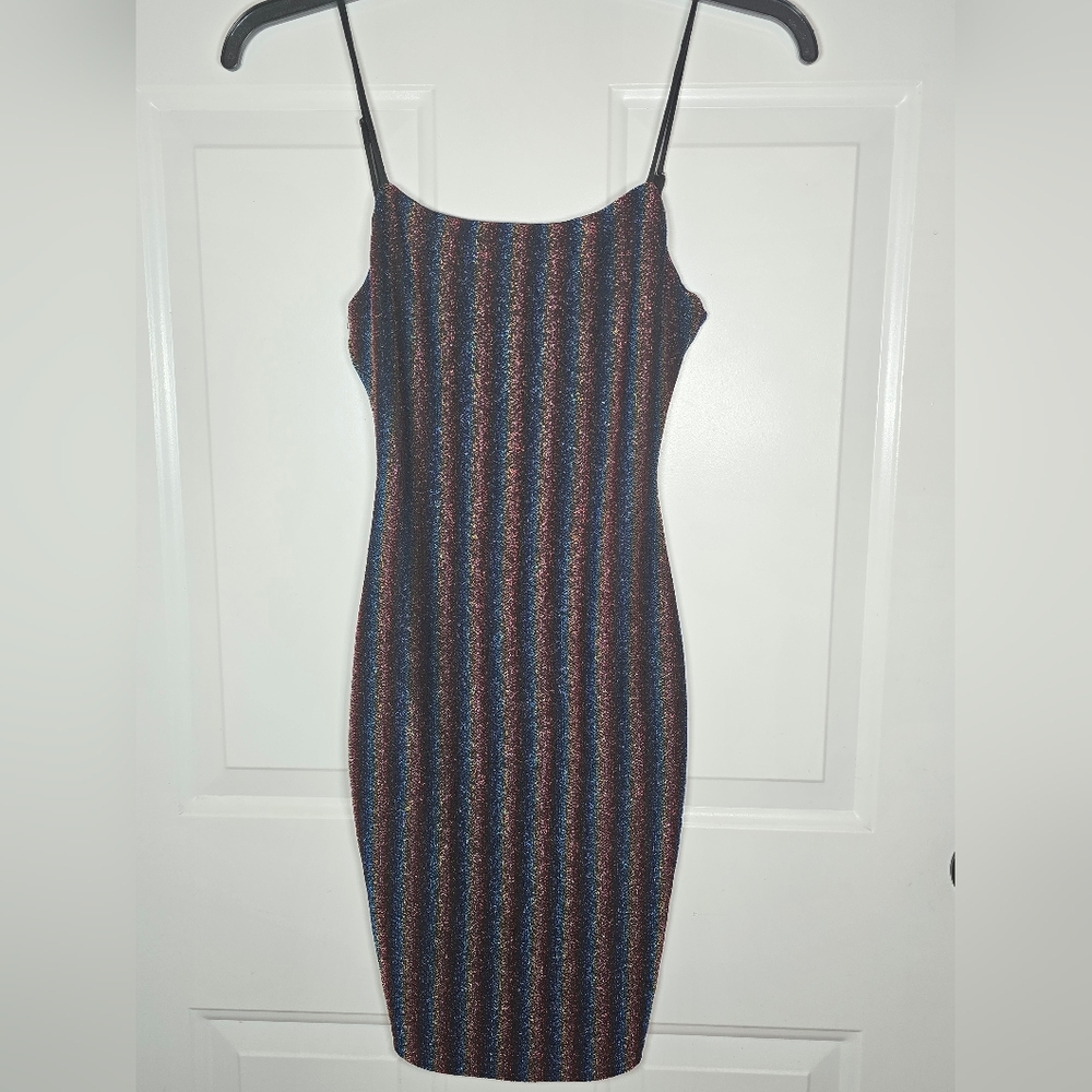 G By Guess Rylee Rainbow Vertical Stripe Glitter Dress Metallic Thread